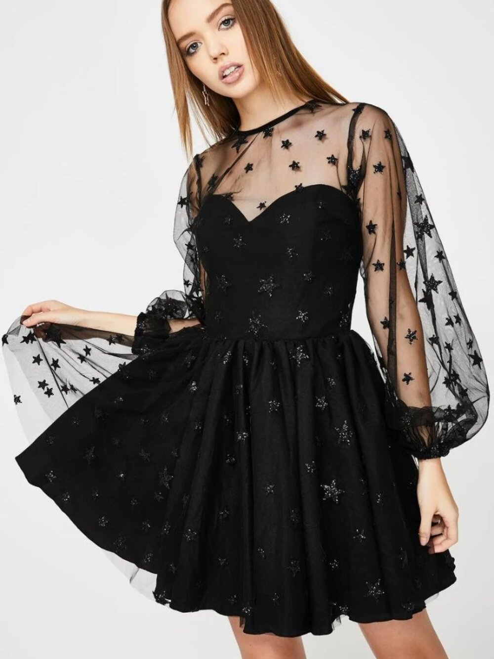 Lirika Matoshi Teuta Dress Mini Long Sleeve Puff Stars Sequins Black Size Large